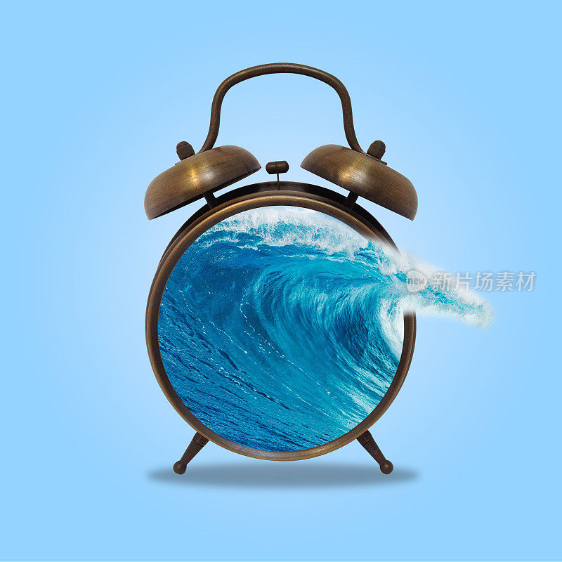 Сontemporary art collage of alarm clock with big wave.